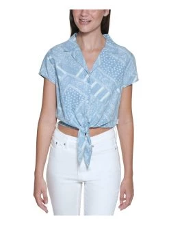 New 🔔 Calvin Klein 👖 Jeans 👩 Womens Printed Tie Hem Button-Down Top 😀